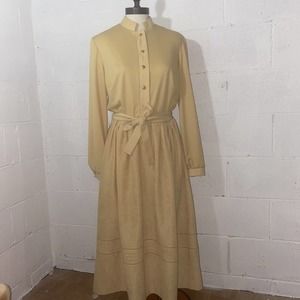 Vintage Herman Marcus 60s Yellow Size 14 Mock Suede Mid Mod belted Fall dress‎